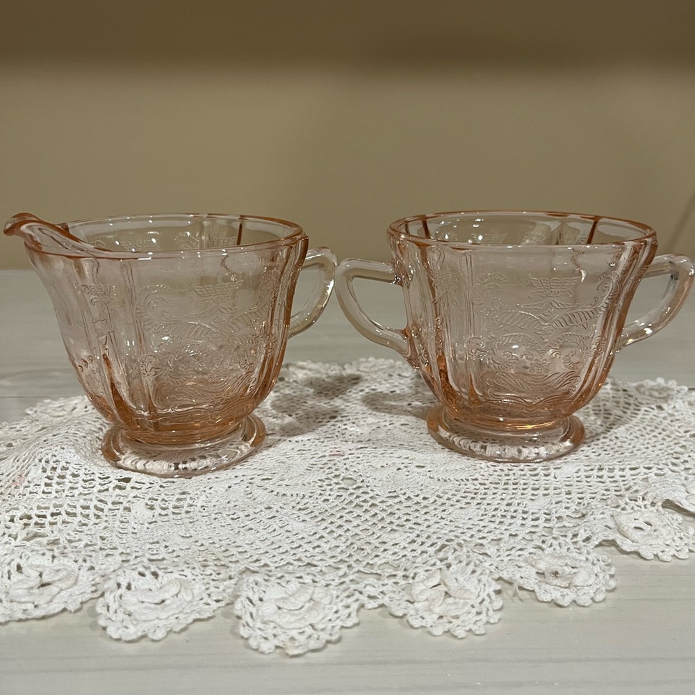Vintage Pink Depression Glass Cream and Sugar Crown